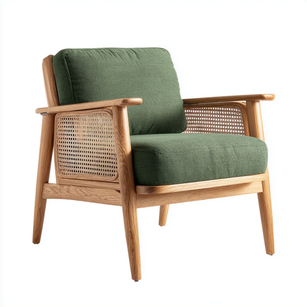 Fauteuil en bois et rotin avec tissu vert