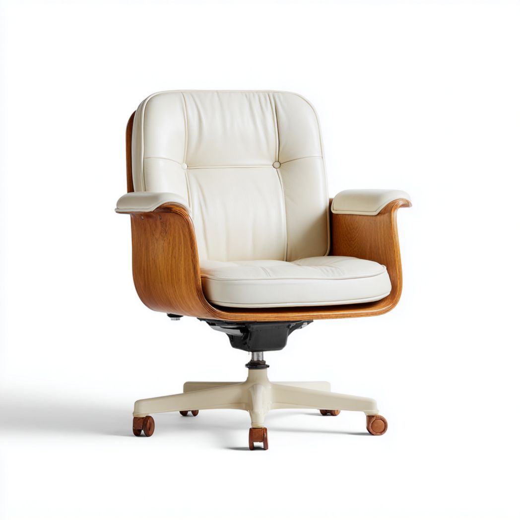 Chaise de bureau en similicuir beige avec placage noyer