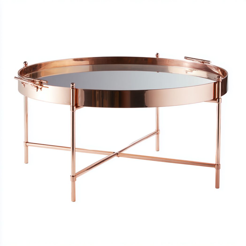 Table basse ronde avec plateau en verre et cadre métallique