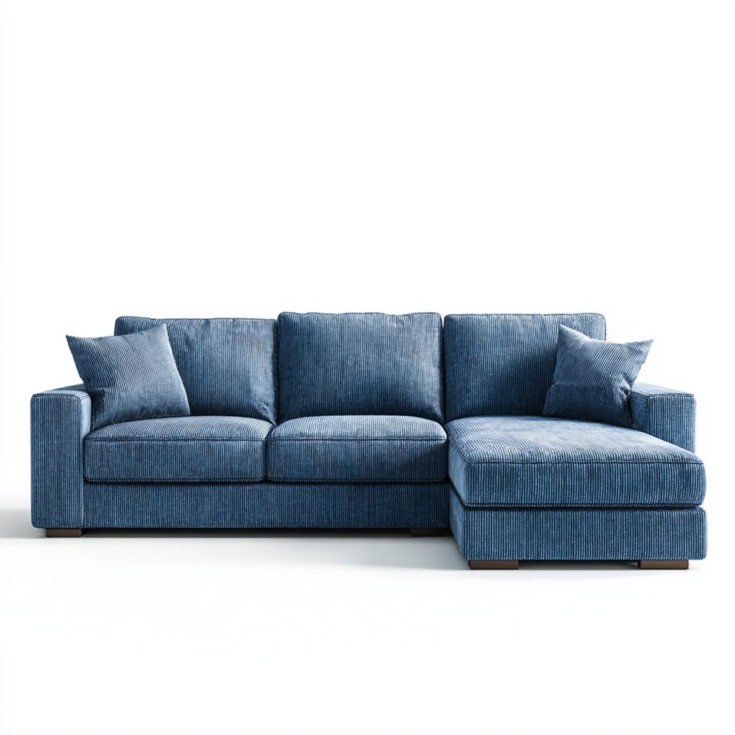 Canapé d’angle en velours côtelé bleu avec méridienne droite et 2 coussins