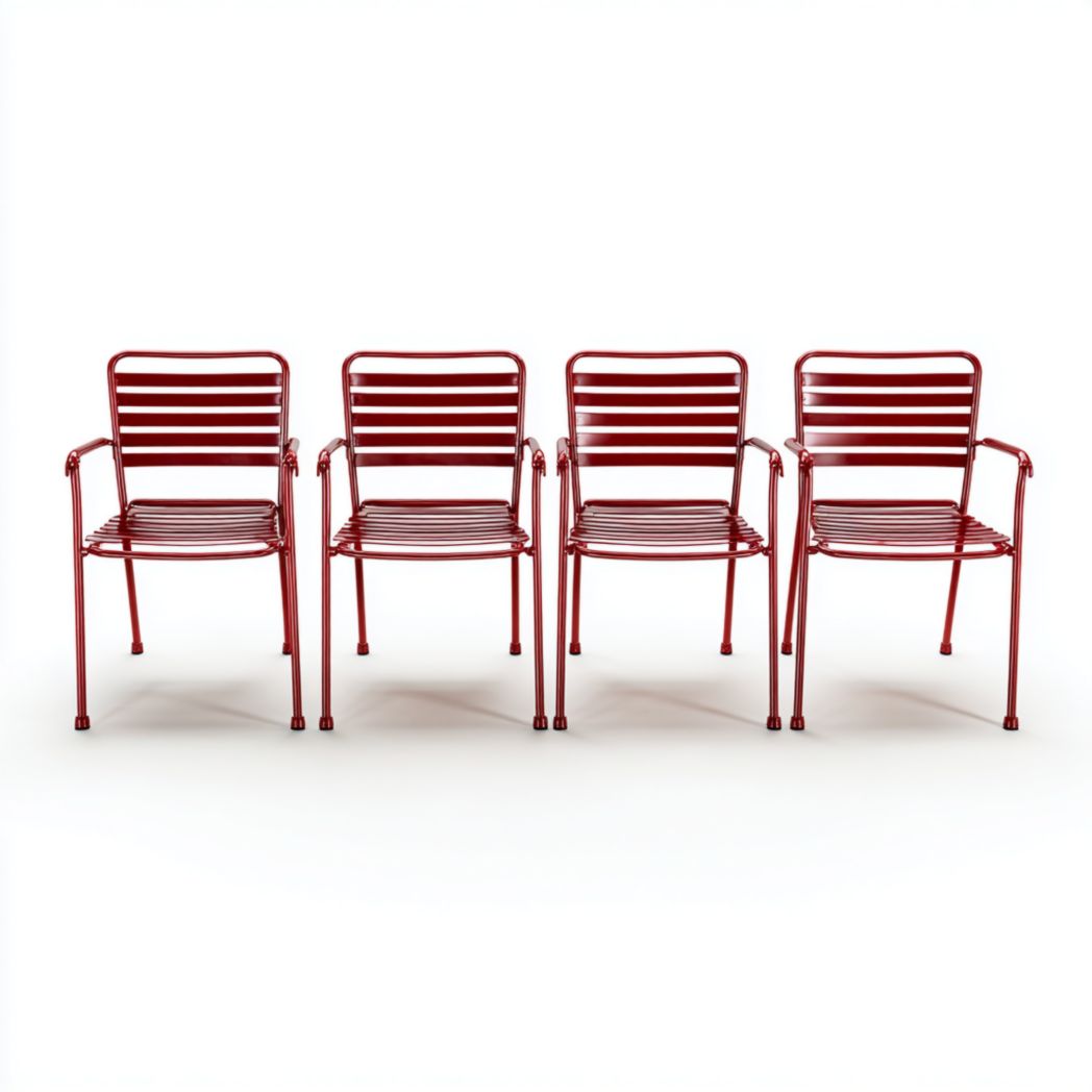Lot de 4 chaises de jardin en métal rouge avec dossier à lattes et accoudoirs