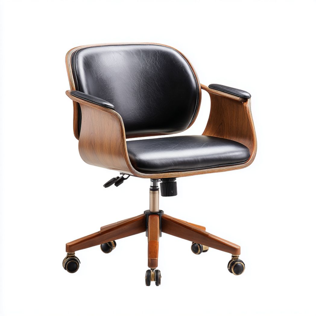 Chaise de bureau en similicuir noir et cadre en noyer