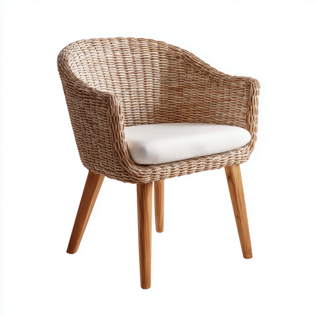 Chaise de jardin en rotin avec accoudoirs, pieds en bois et coussin blanc