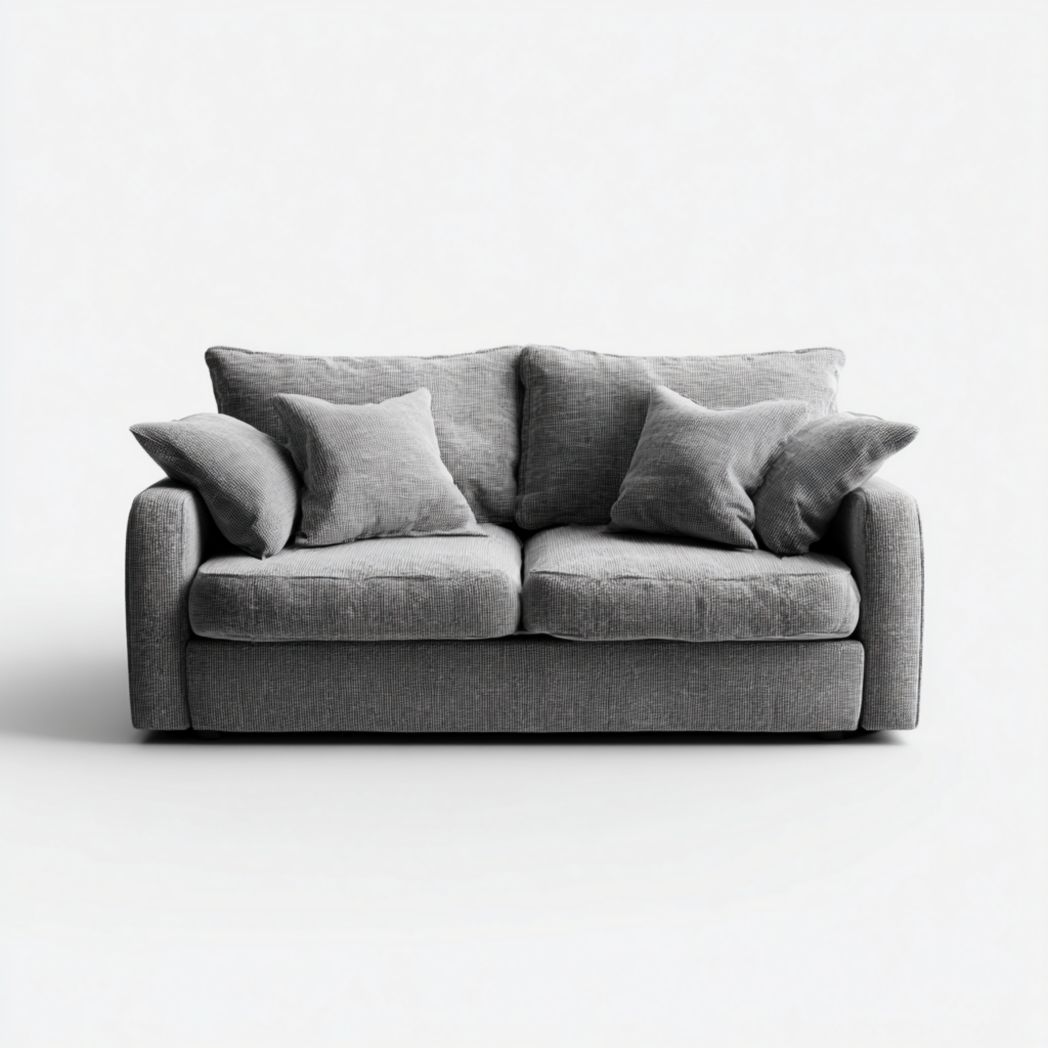 Canapé droit 2 places en tissu gris foncé avec plusieurs coussins