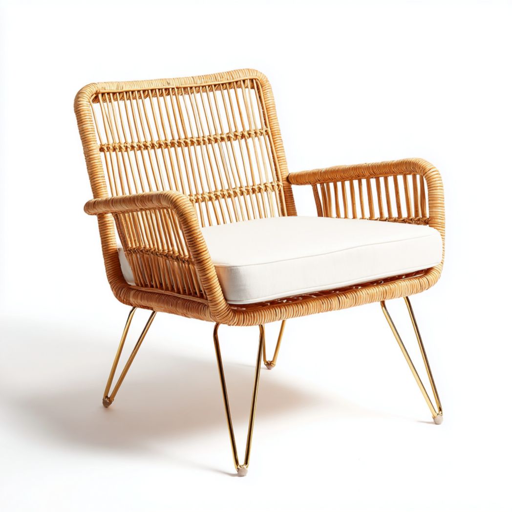 Fauteuil en rotin avec coussin beige et pieds en métal doré