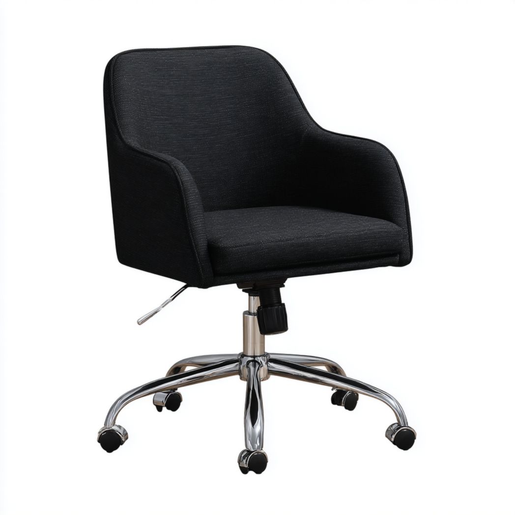 Chaise de bureau pivotante en tissu noir et base en métal chromé