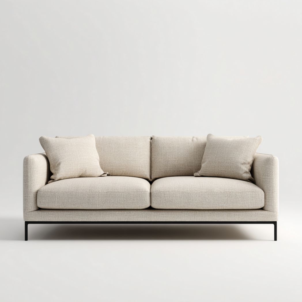 Canapé droit 2 places en tissu beige avec oreiller et base en métal