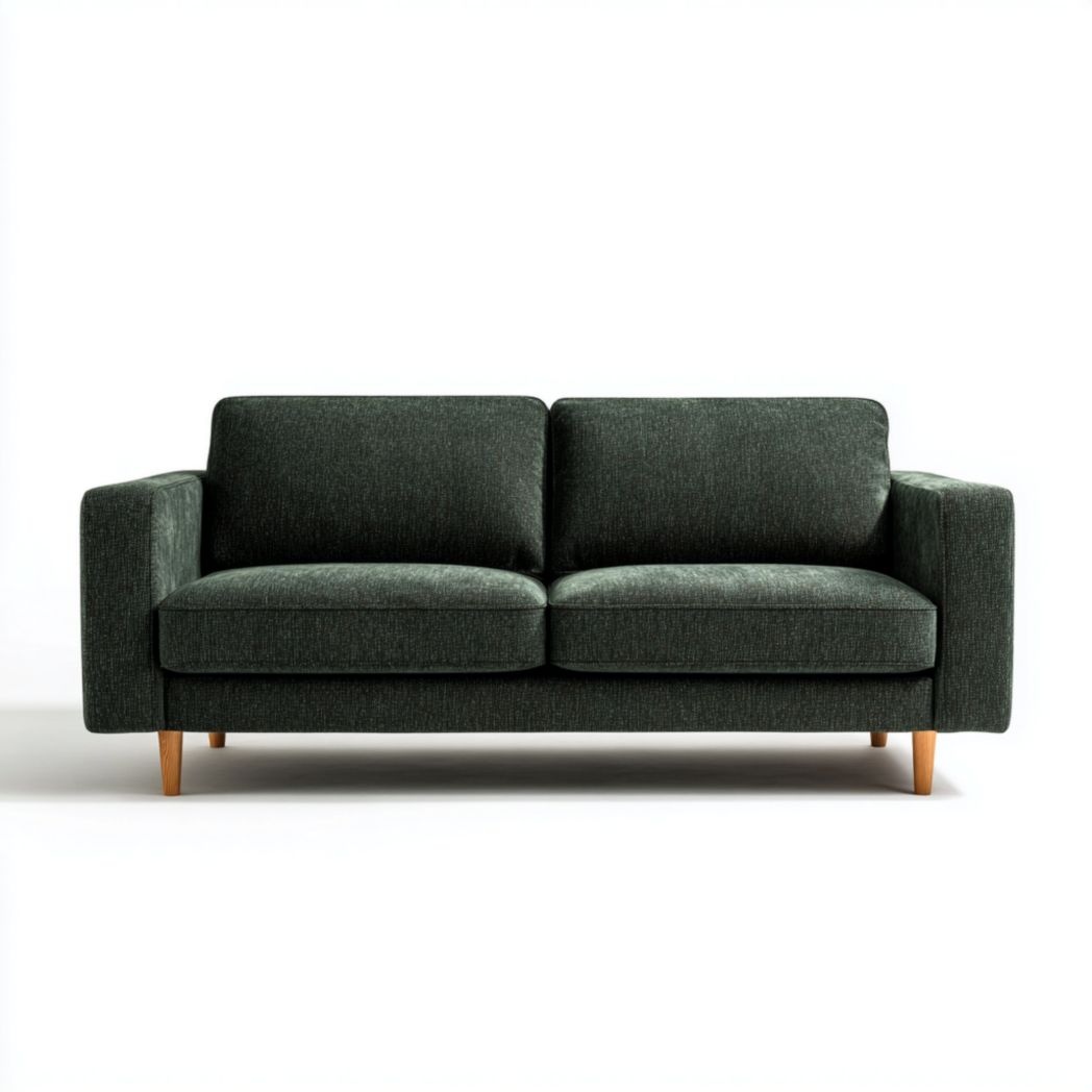Canapé droit 2 places en tissu vert foncé avec pieds en bois