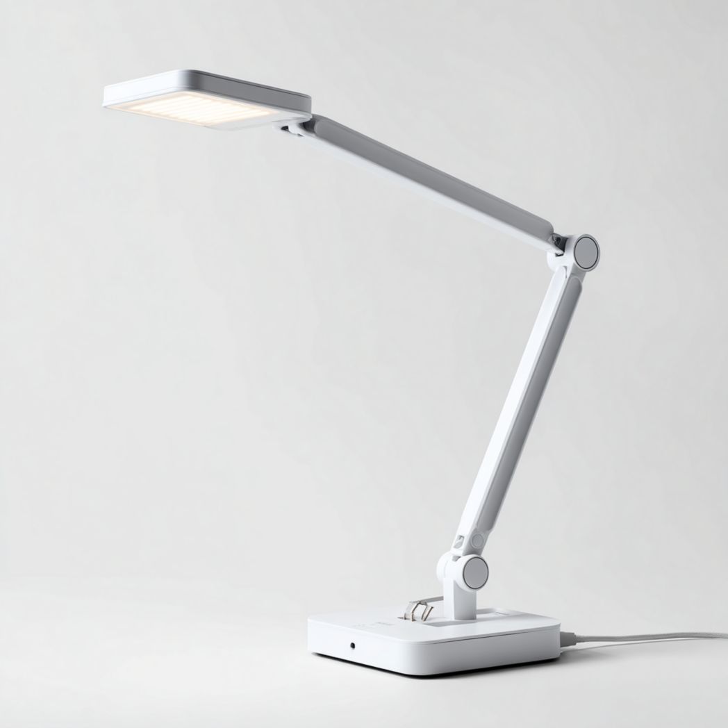 Lampe de bureau en métal blanc à bras pliable et tête carrée