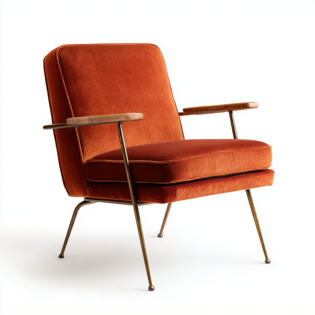 Fauteuil en velours orange avec accoudoirs en bois et structure en métal