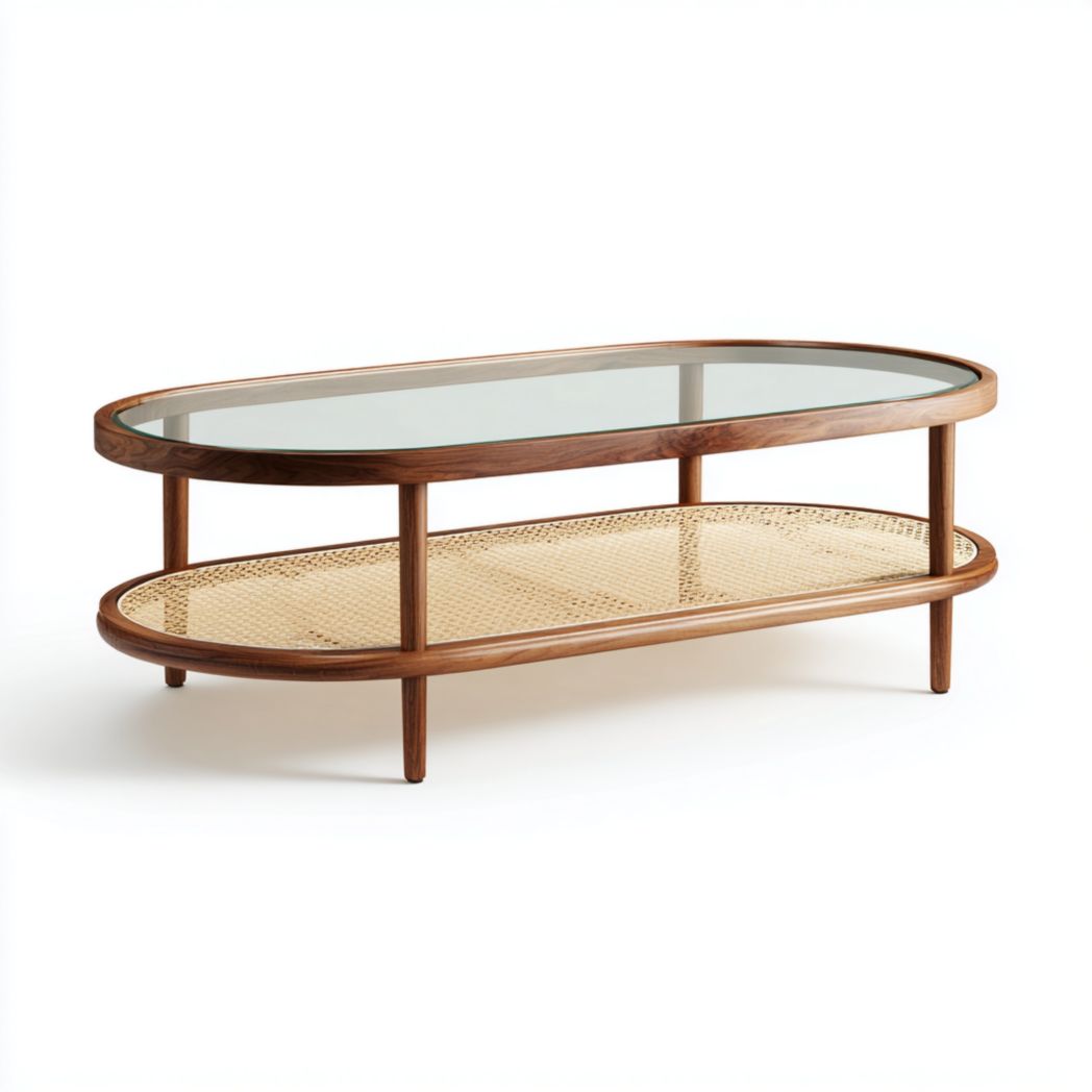 Table basse ovale avec plateau en verre, cadre en bois et étagère en rotin