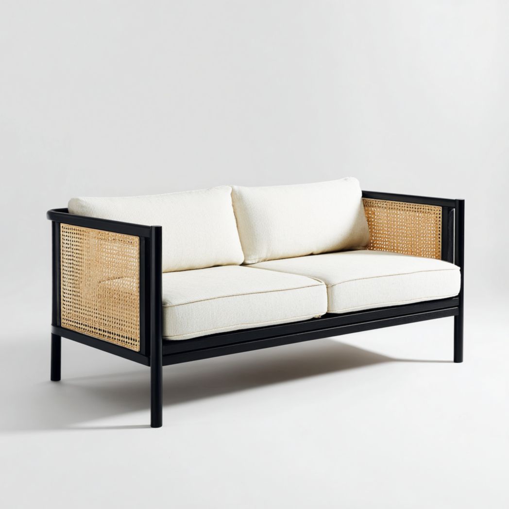 Canapé droit 2 places ,structure bois noir et accoudoirs en rotin, coussins tissu beige