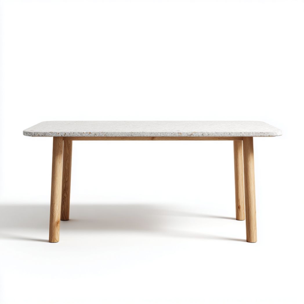 Table de jardin rectangulaire plateau en pierre grise et pieds en bois