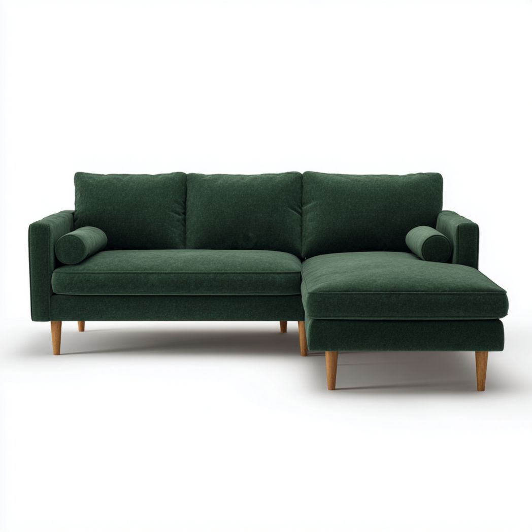 Canapé d’angle vert foncé 2 coussins ronds