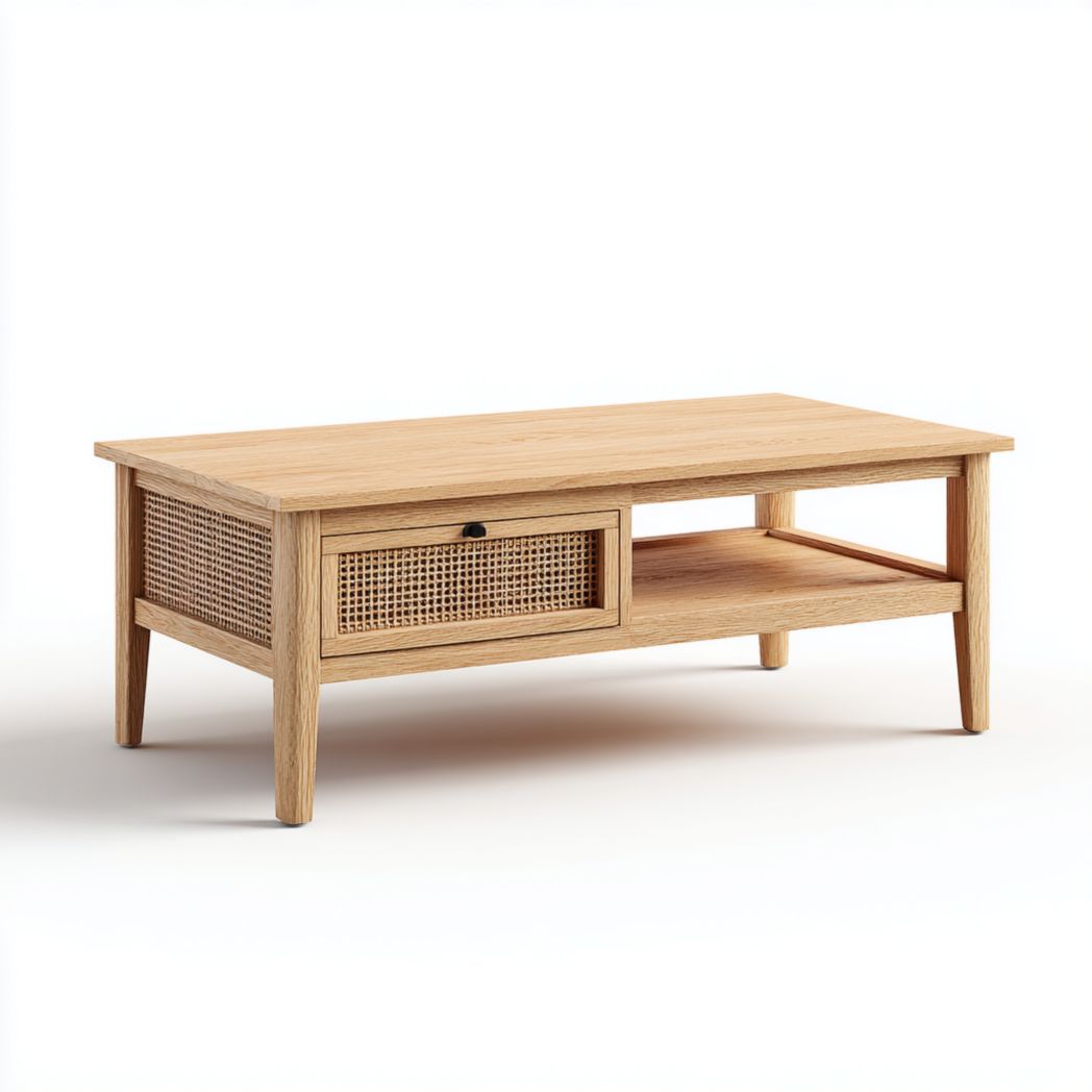 Table basse rectangulaire en bois avec tiroir en rotin