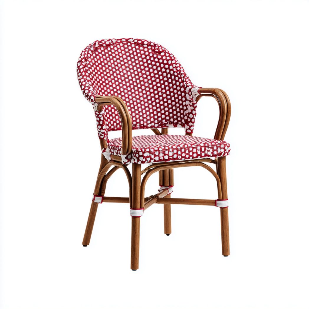 Chaise de jardin en rotin avec assise tressée rouge et blanche