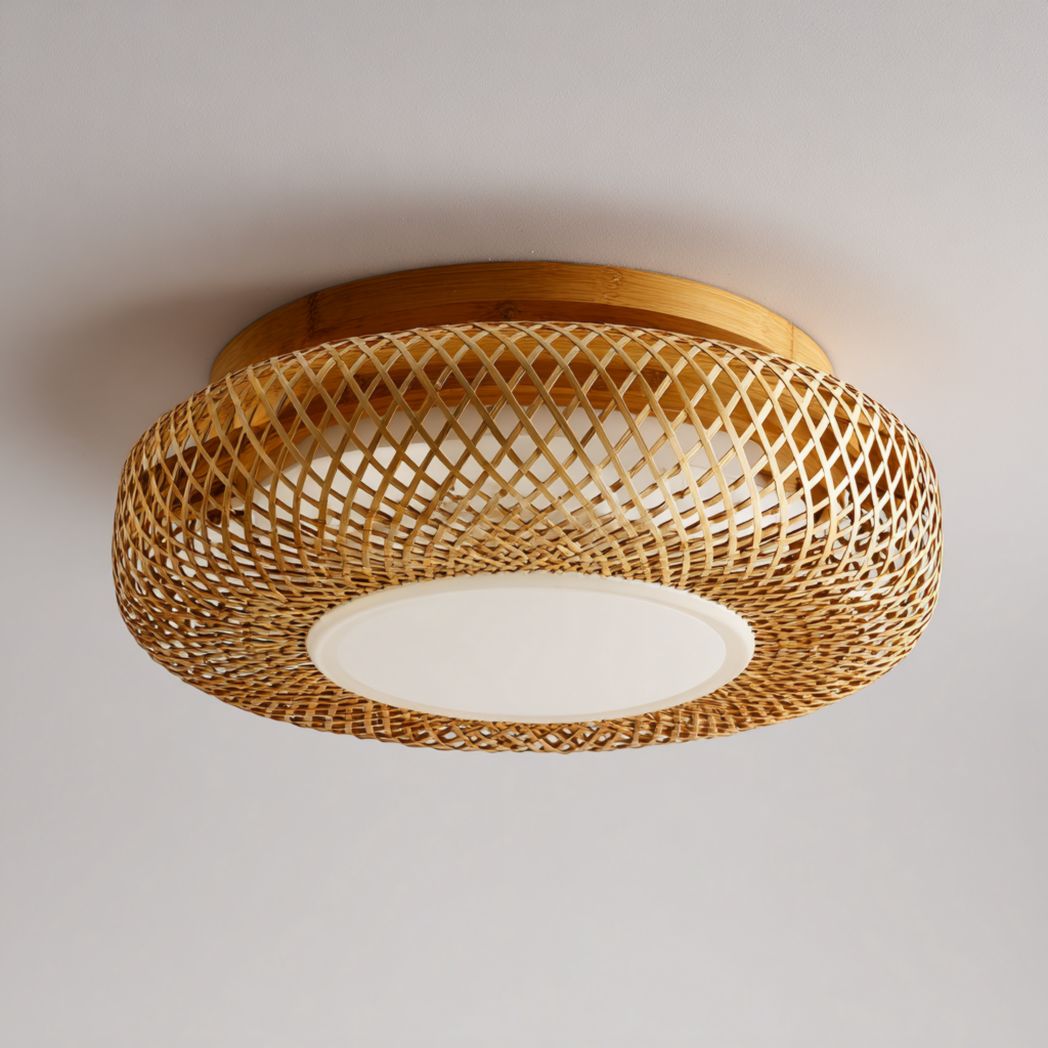Plafonnier rond avec abat-jour en bambou tressé et panneau lumineux blanc