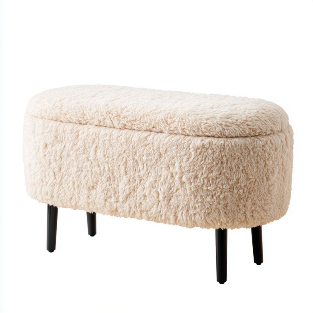 Banc ovale sans dossier revêtement en tissu bouclette beige avec pieds en métal noir