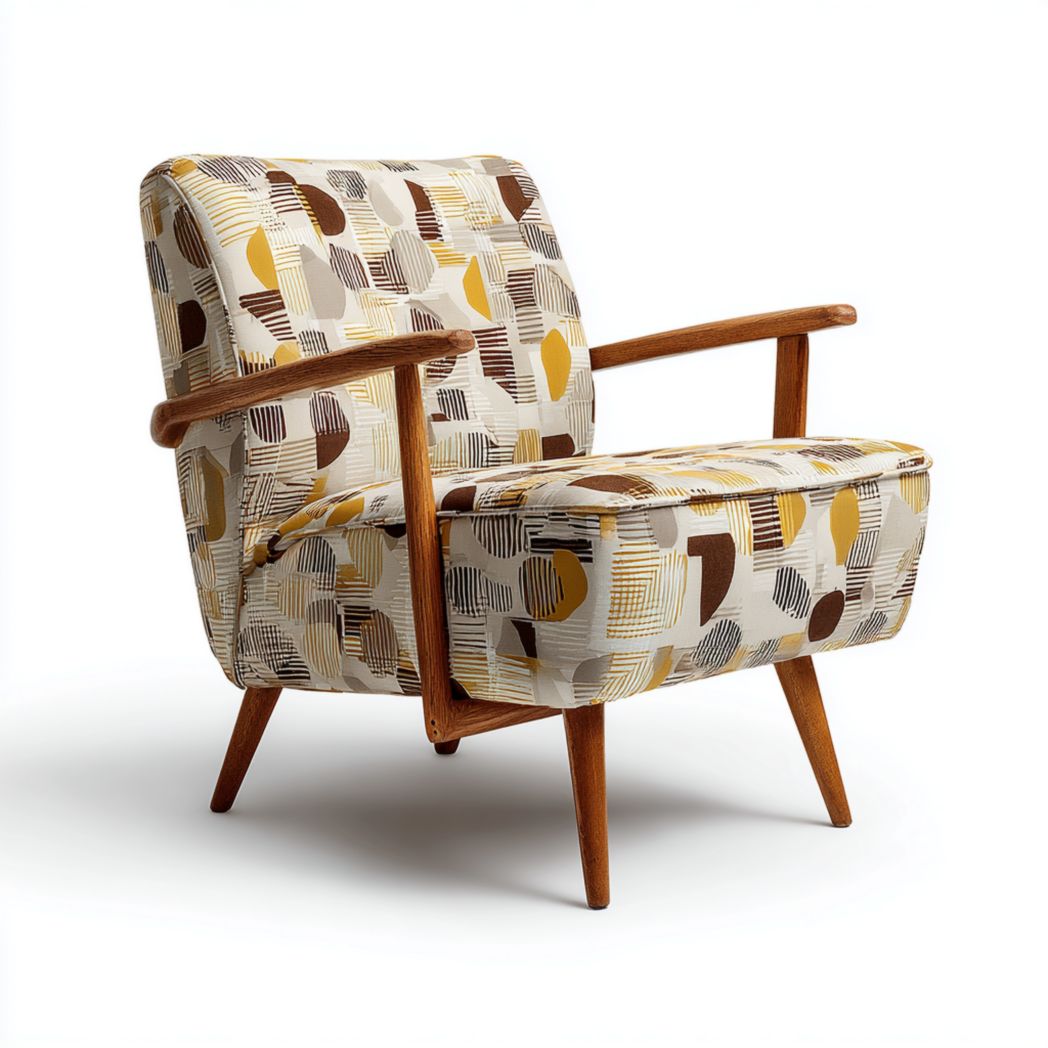 Fauteuil en bois avec tissu à motifs géométriques multicolores