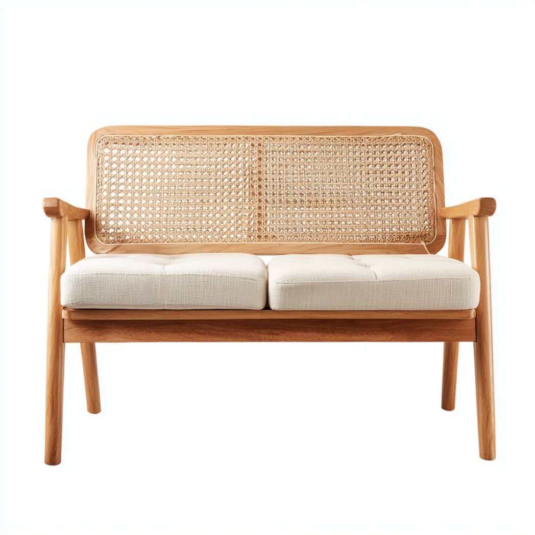 Canapé droit 2 places en bois avec dossier en rotin et coussins beige