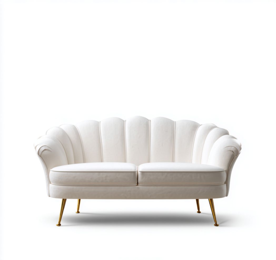 Canapé droit 2 places en tissu blanc à dossier coquillage et pieds dorés