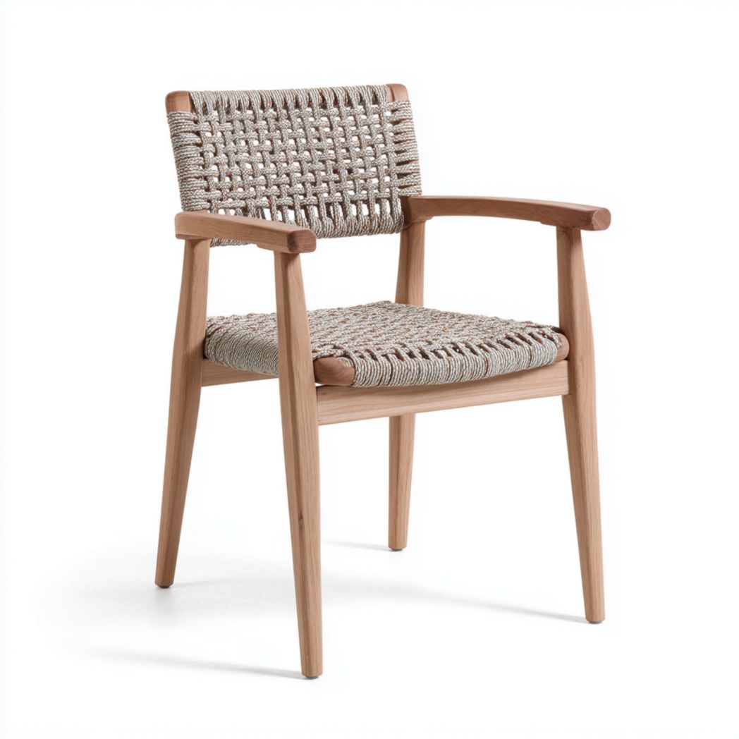 Chaise de jardin en bois avec assise et dossier tressés et accoudoirs