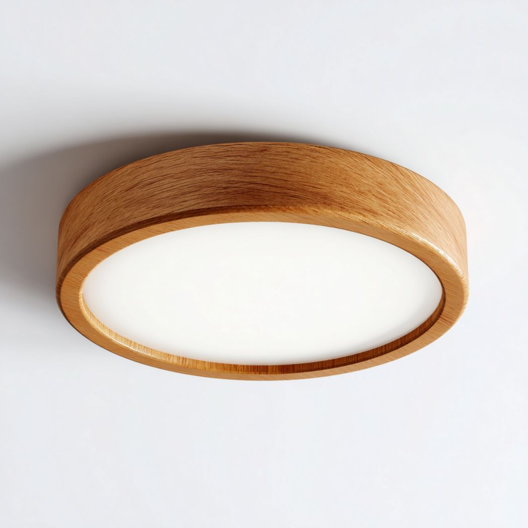 Plafonnier rond en bois avec abat-jour blanc