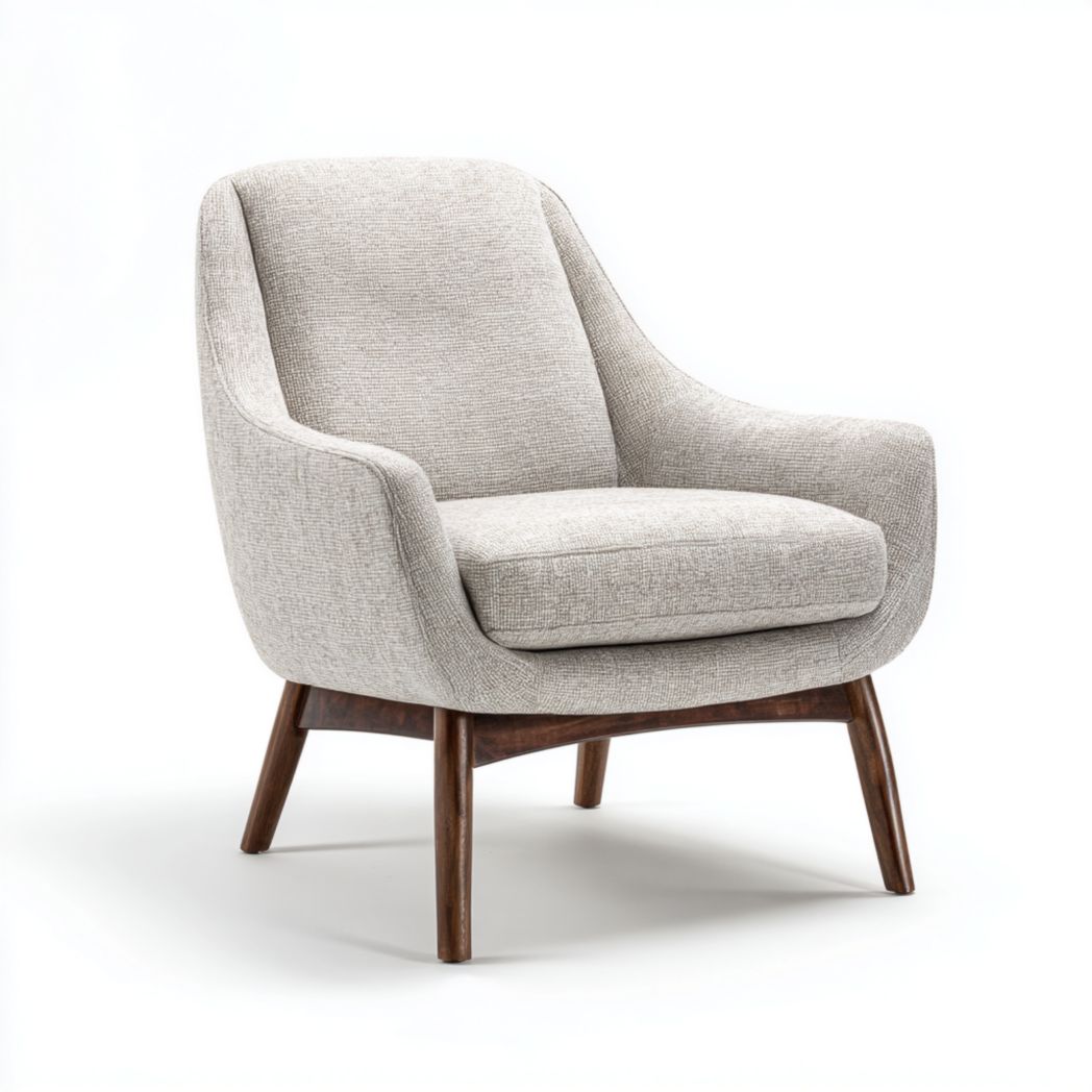 Fauteuil en tissu gris clair avec pieds en bois foncé