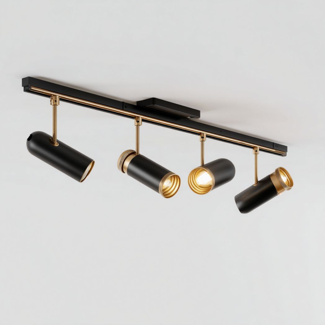 Plafonnier à quatre spots cylindriques noirs avec embouts dorés