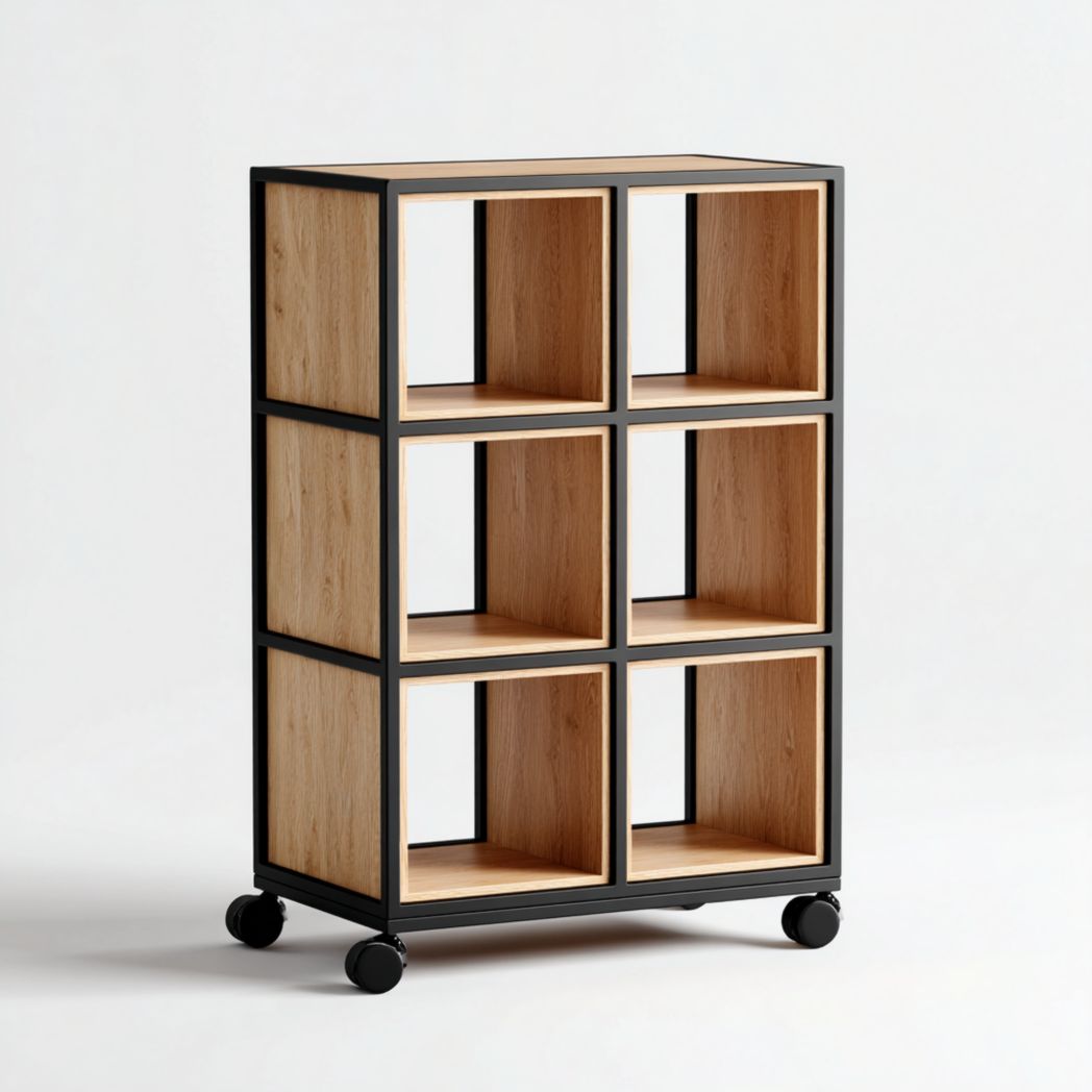 Bibliothèque modulable six cases bois cadre métal noir avec roulettes