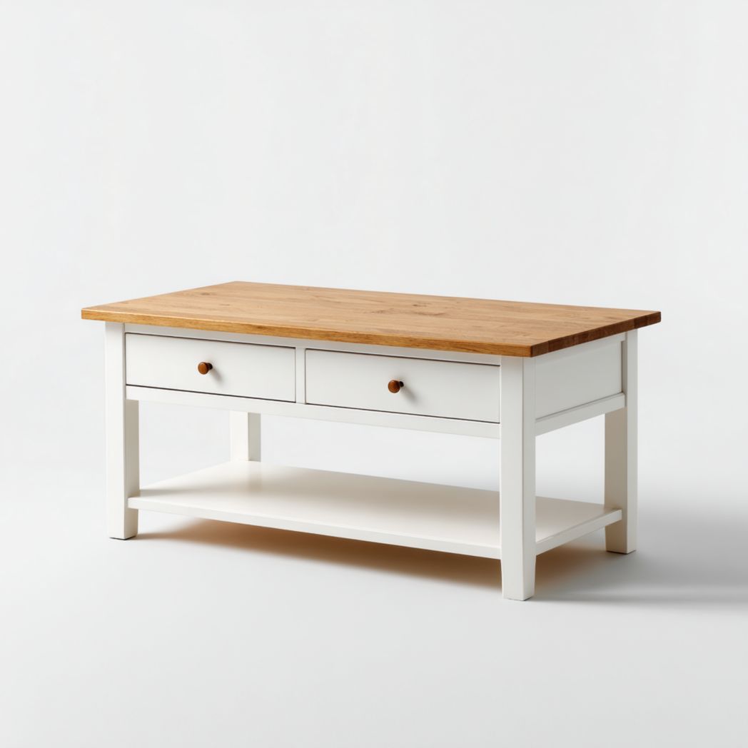 Table basse rectangulaire avec plateau en bois, structure blanche et tiroirs