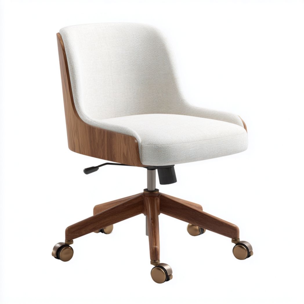 Chaise de bureau en tissu blanc et base en noyer