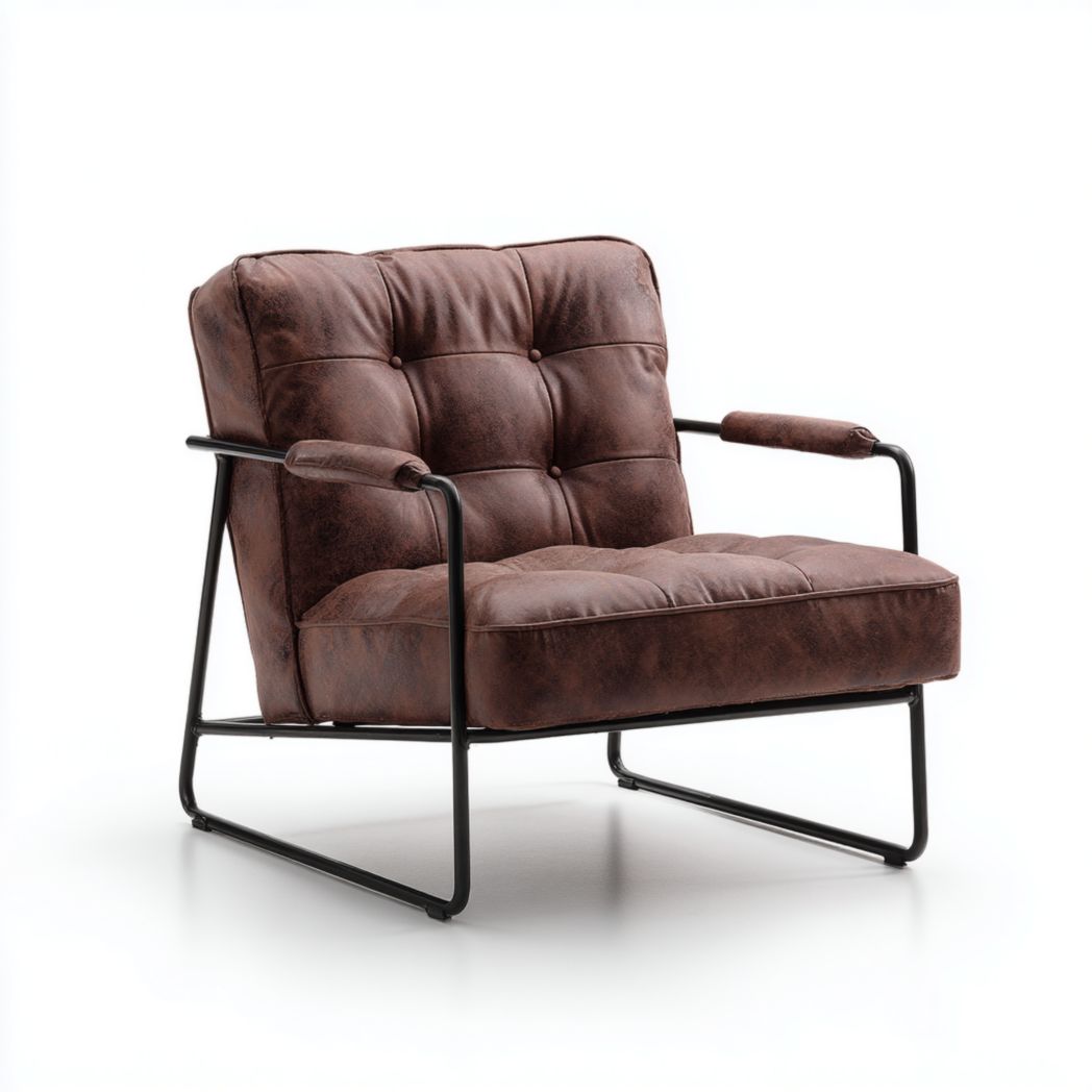 Fauteuil en simili cuir brun avec structure en métal noir