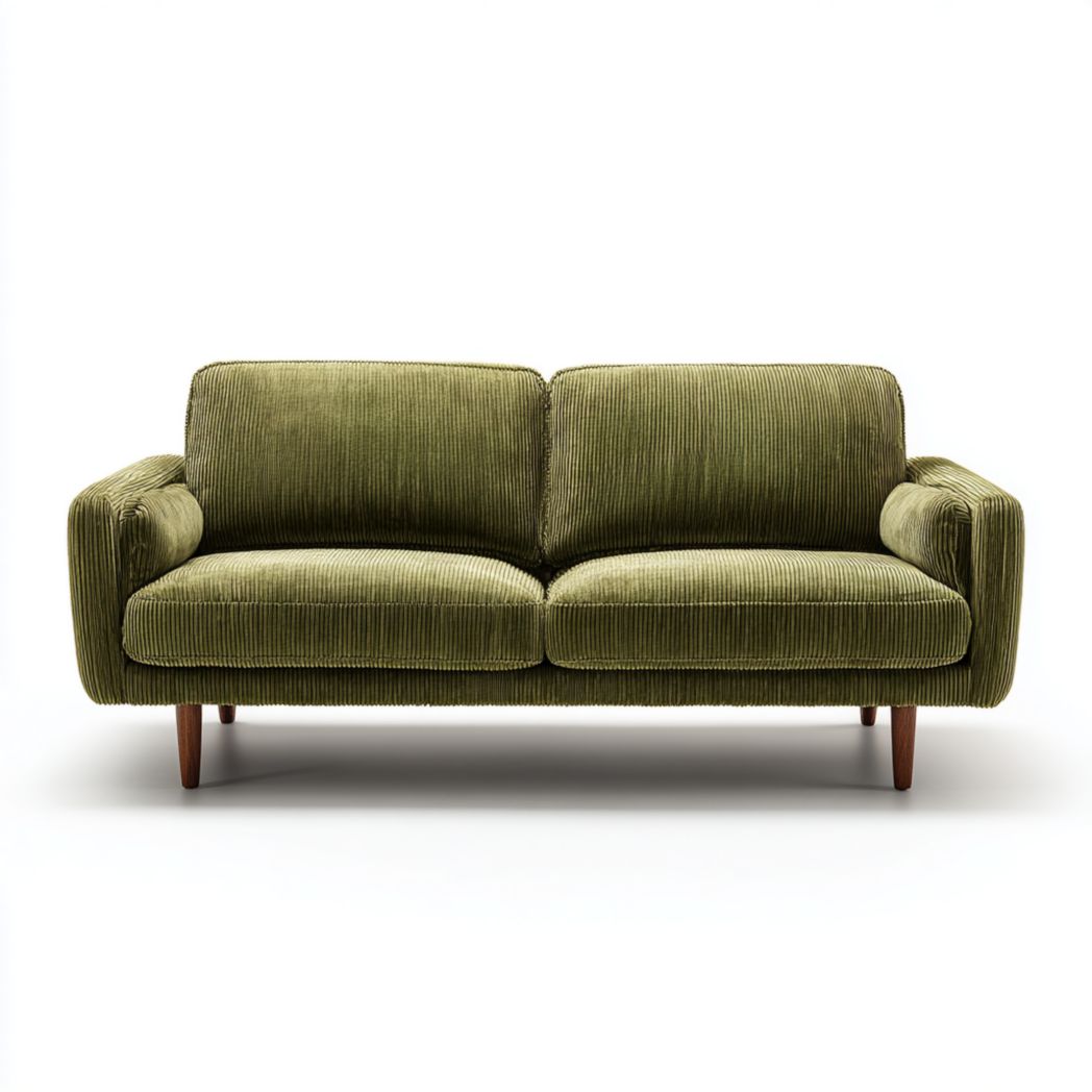 Canapé droit 2 places en velours côtelé vert avec pieds en bois