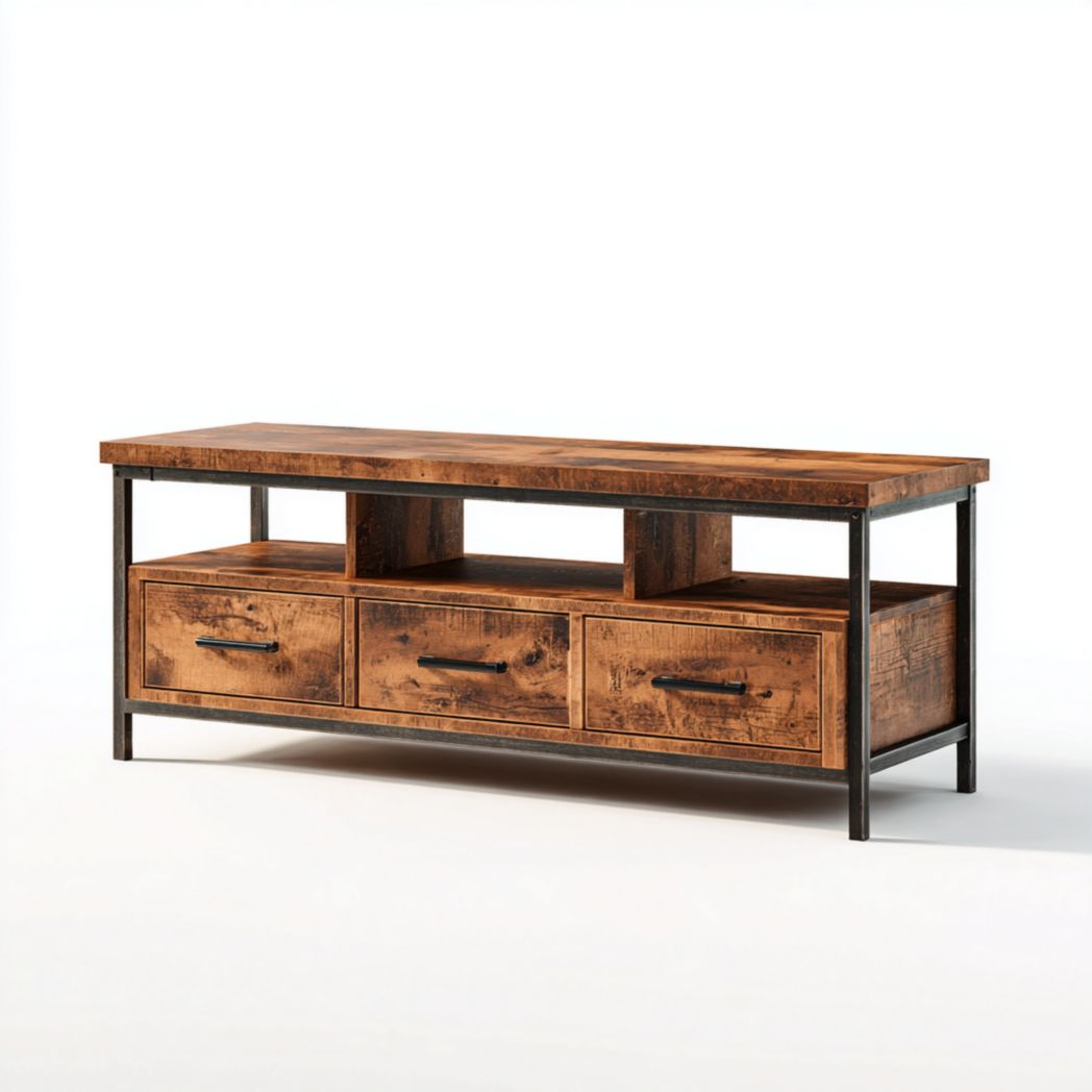 Meuble TV en bois et métal avec trois tiroirs