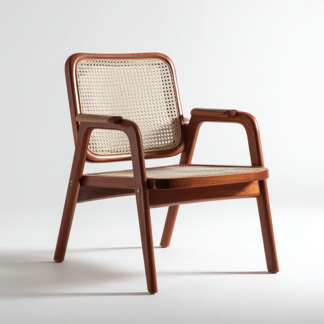 Fauteuil en noyer avec assise et dossier en rotin