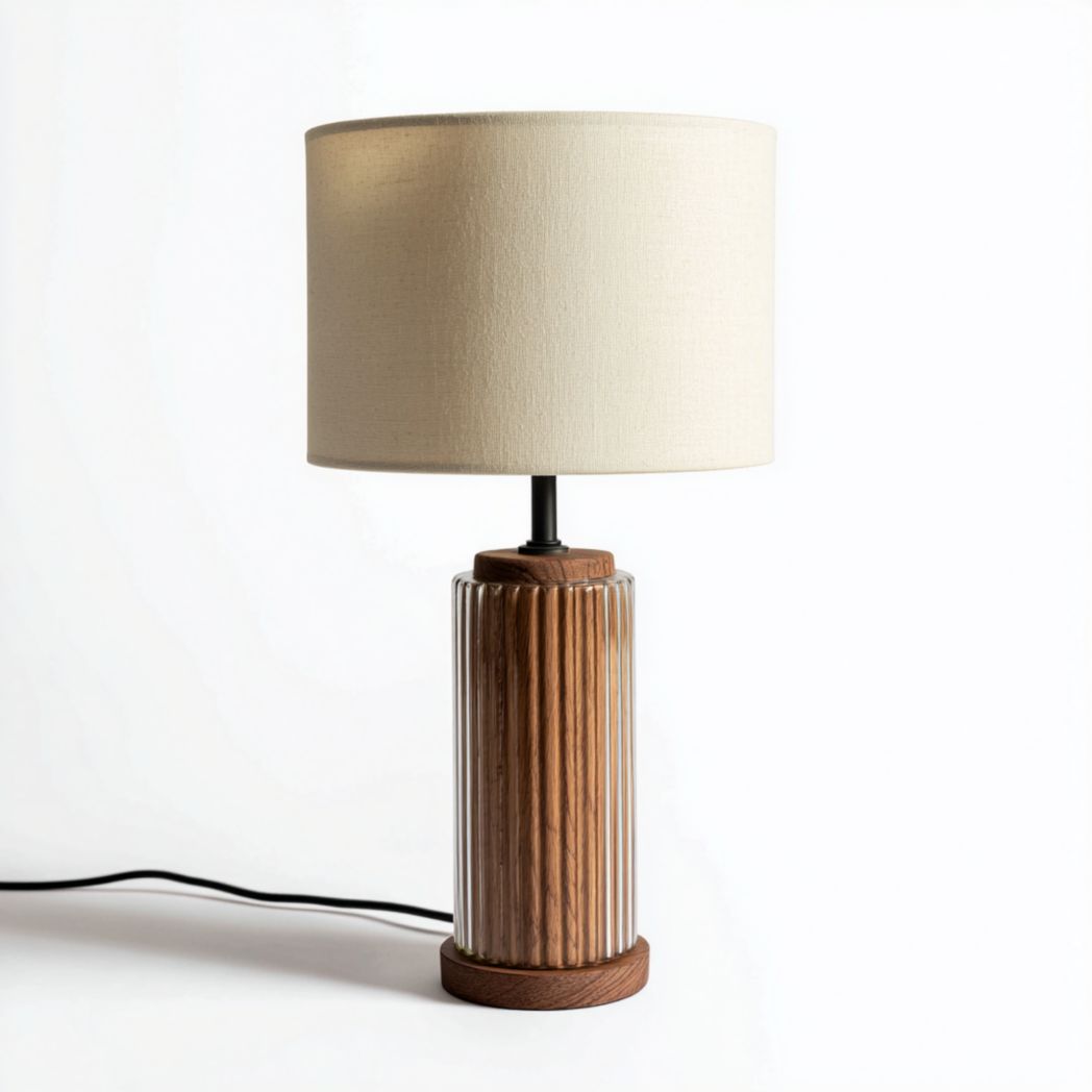 Lampe de table en verre et bois avec abat-jour en tissu beige