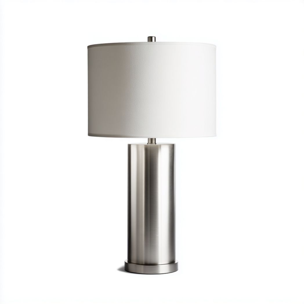 Lampe de table en acier brossé cylindre avec abat-jour en tissu blanc
