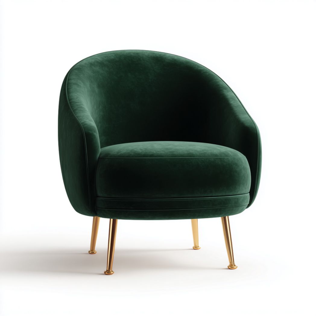 Fauteuil en velours vert à base arrondie et pieds dorés