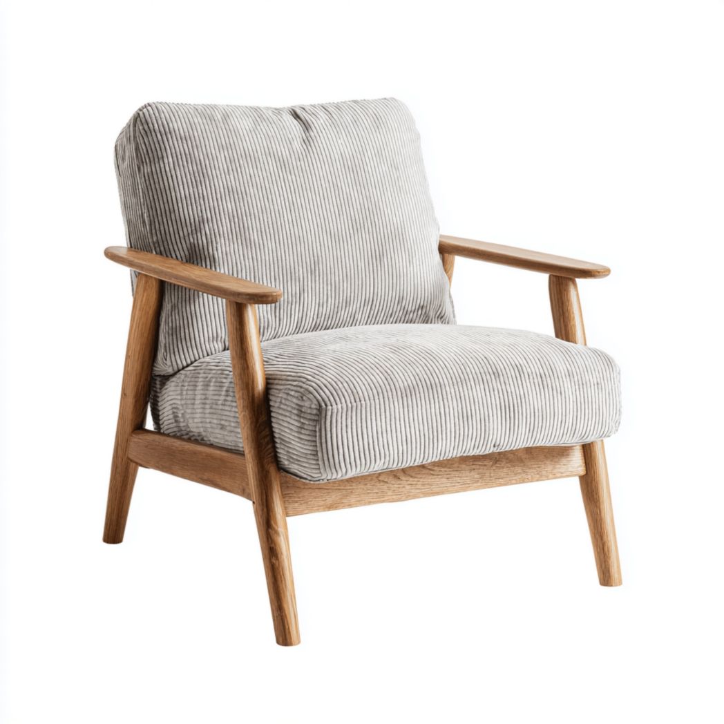 Fauteuil en bois avec coussins en tissu rayé