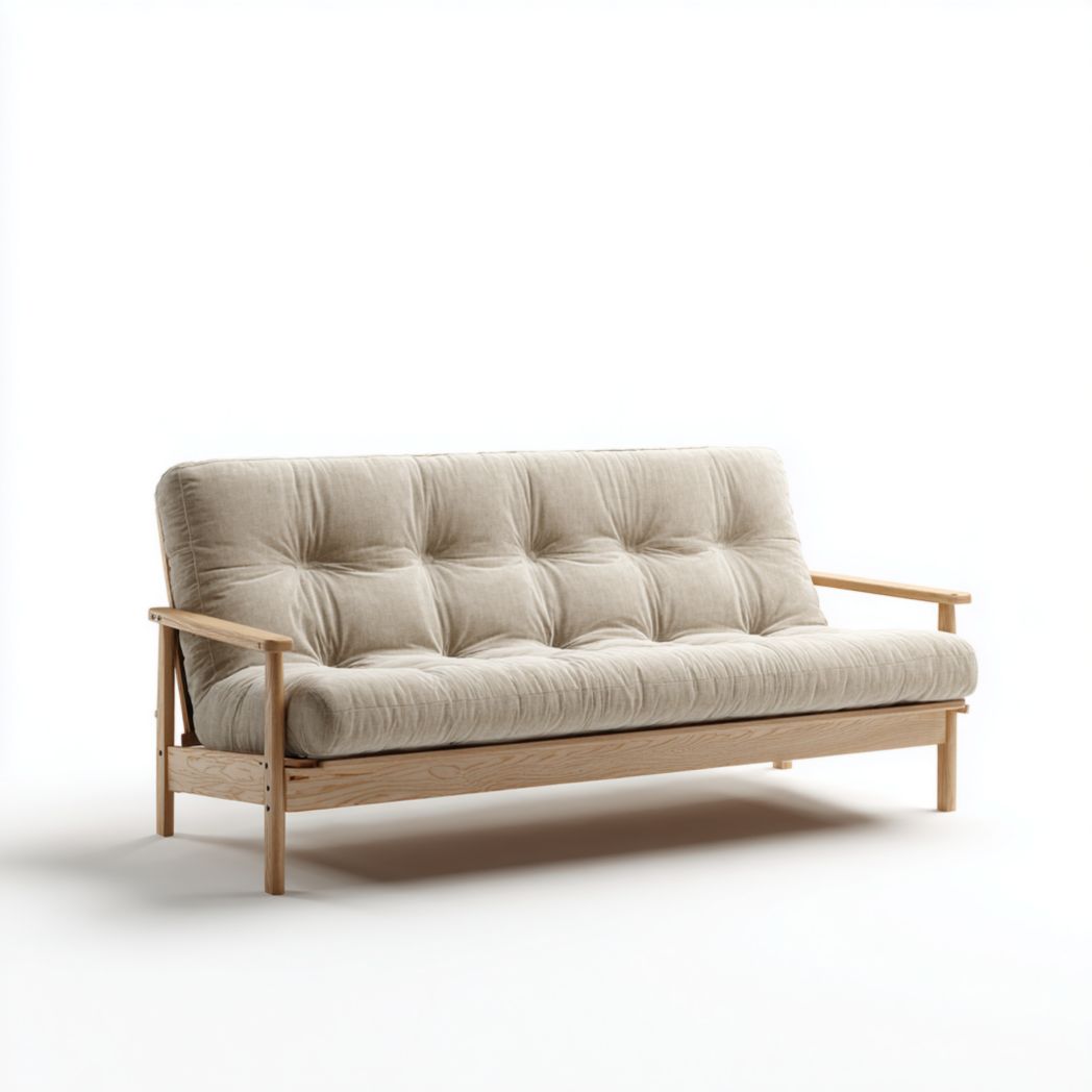 Canapé droit 3 places en tissu lin beige avec structure en bois