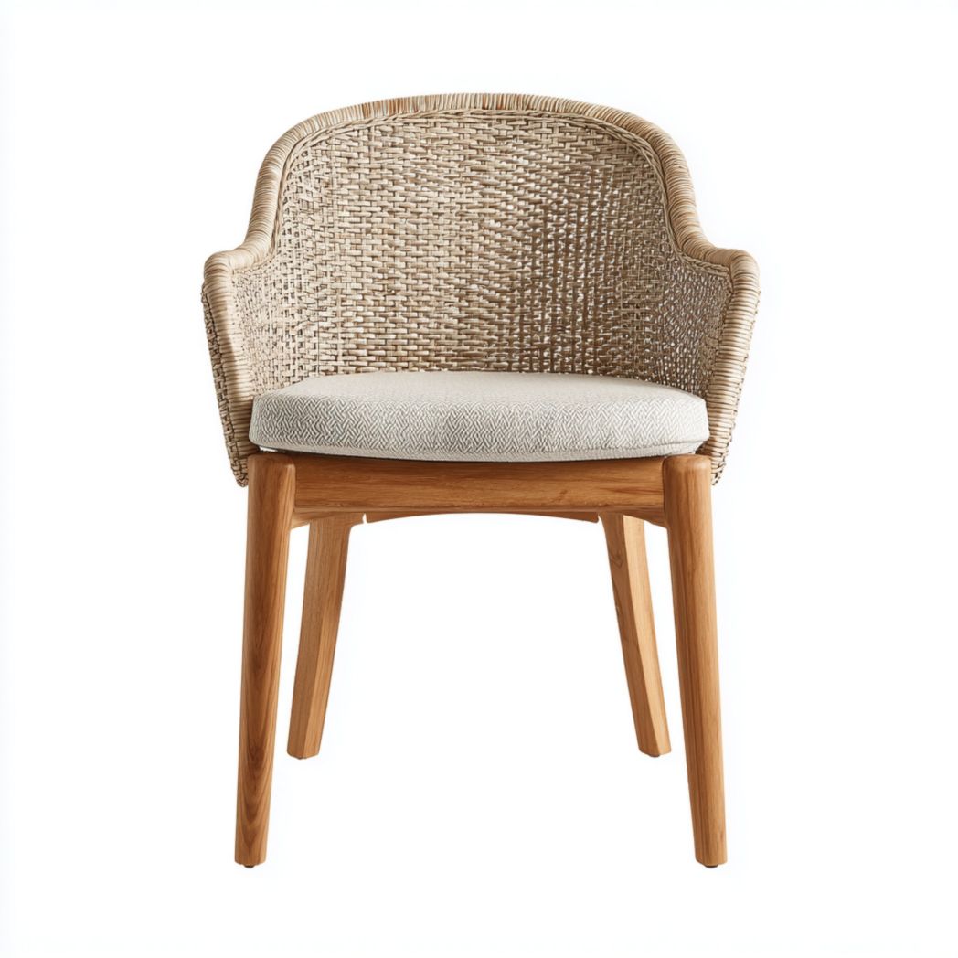 Chaise de jardin en rotin avec accoudoirs, pieds en bois et coussin