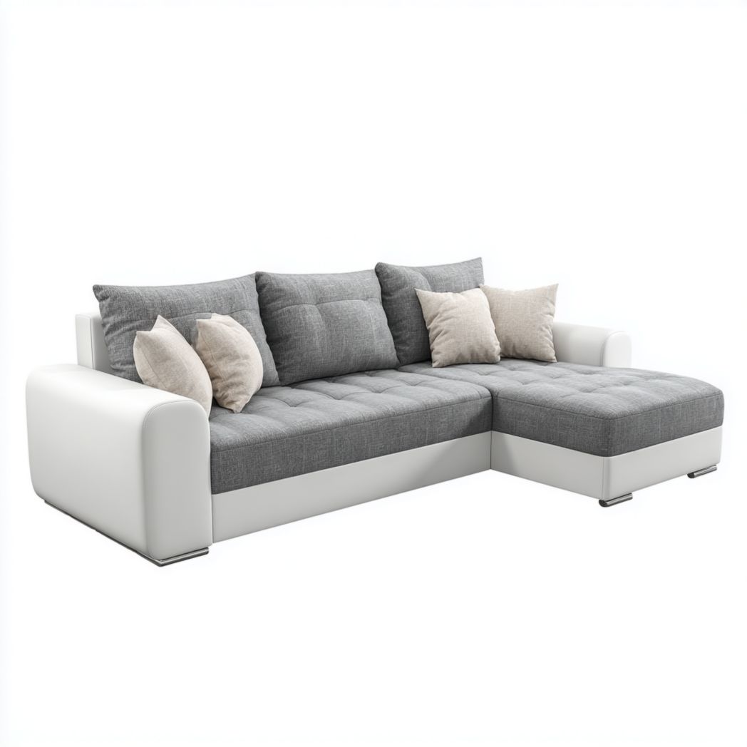 Canapé d’angle en tissu gris et simili cuir blanc avec coussins