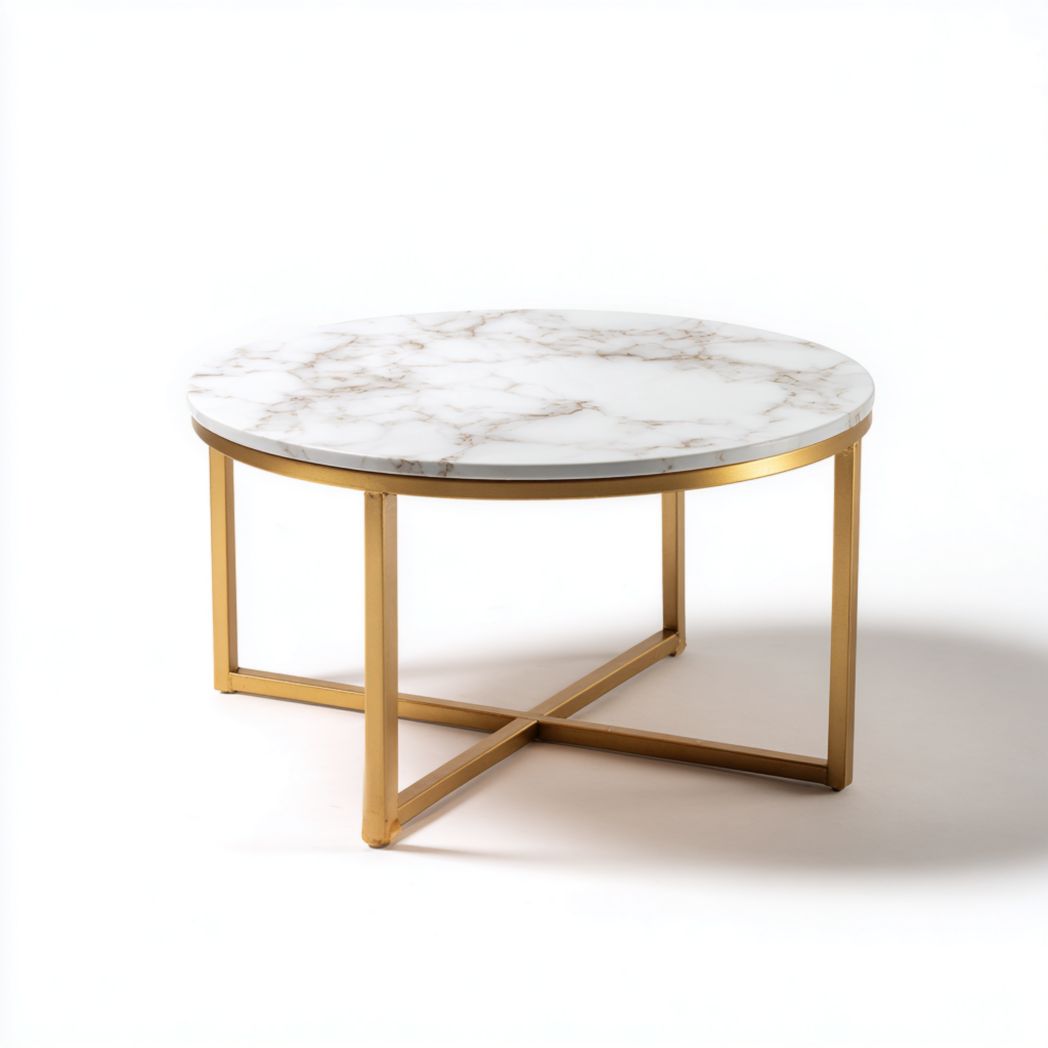 Table basse ronde en marbre blanc et structure dorée
