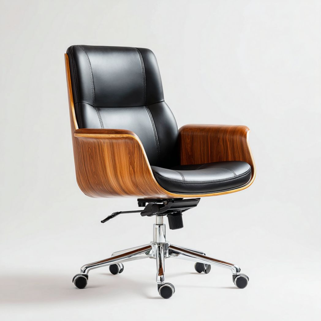 Chaise de bureau en similicuir noir avec coque en noyer