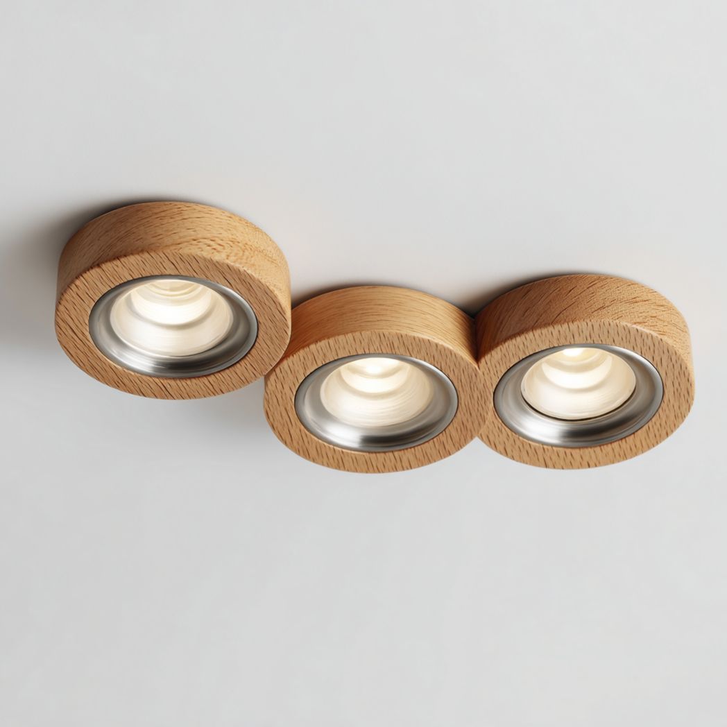 Plafonnier à trois spots ronds finition bois et bord métallique