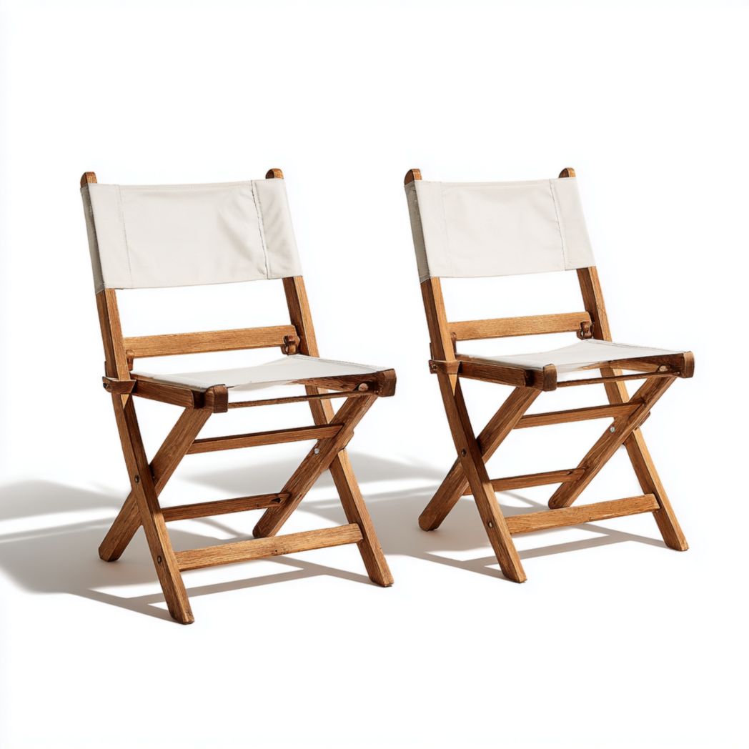 Lot de 2 chaises de jardin pliantes en bois avec assise et dossier en tissu blanc