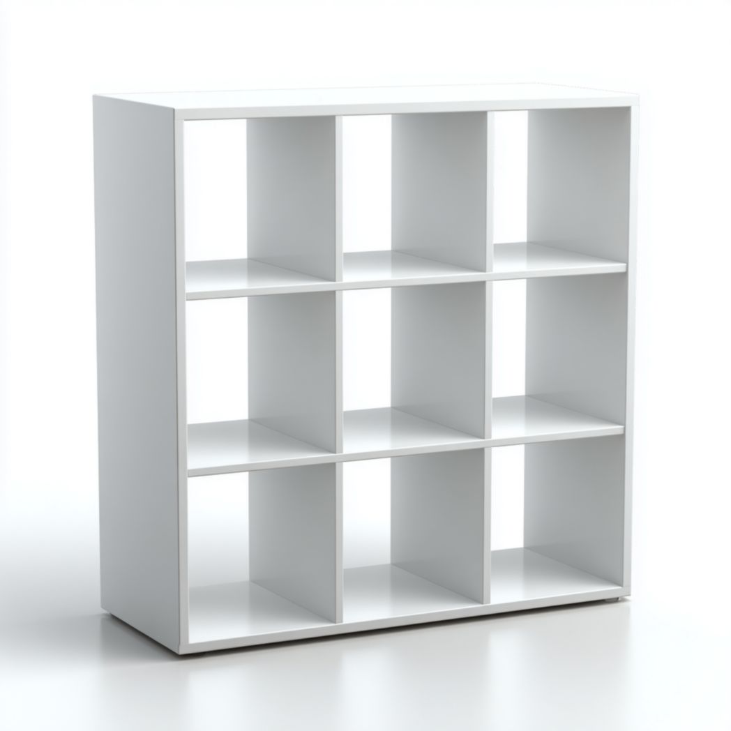 Bibliothèque à neuf cases en bois blanc