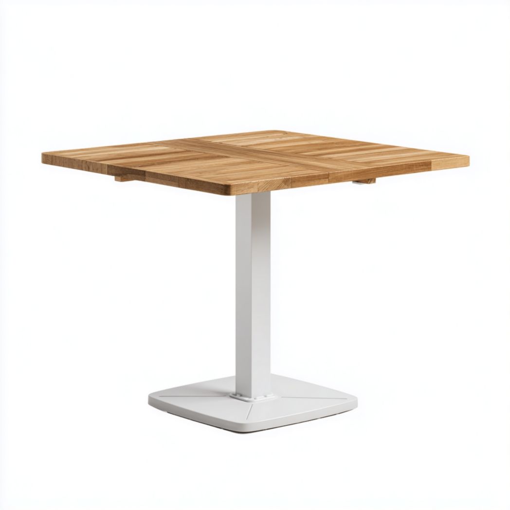 Table de jardin carrée avec plateau en bois et base en métal blanc