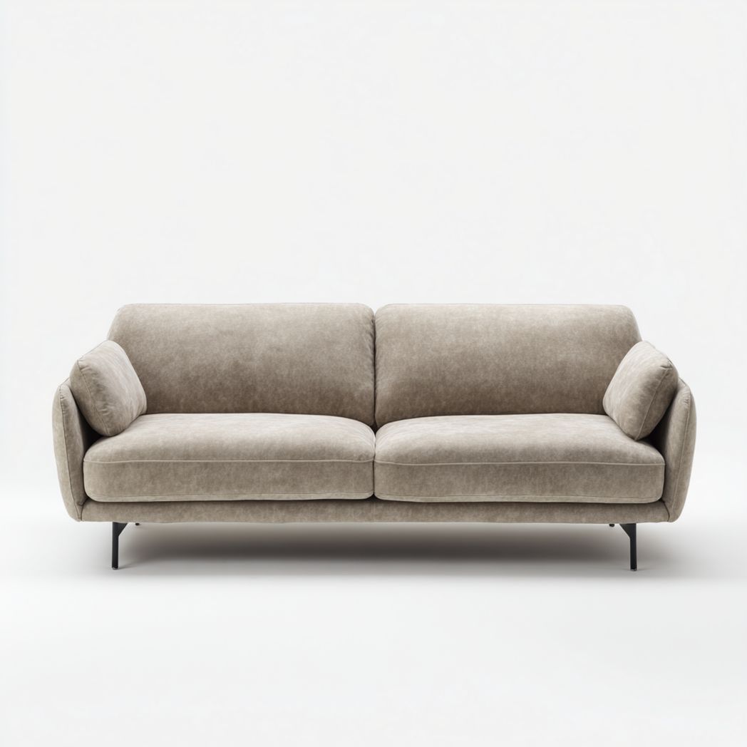 Canapé droit grand 2 places en tissu beige clair avec coussins et pieds métalliques